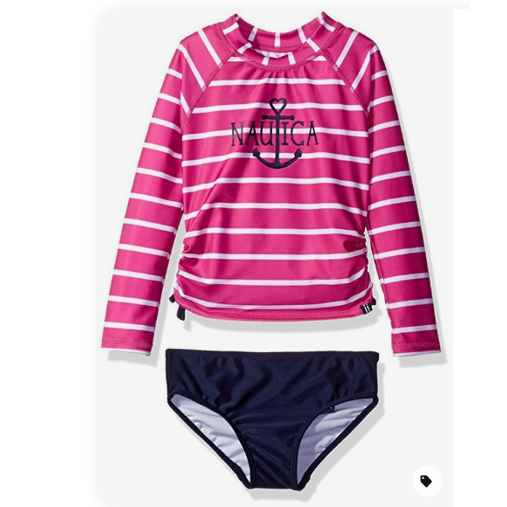 Nautica Girls Striped Rashguard Swim Suit Set Pink Size 24M